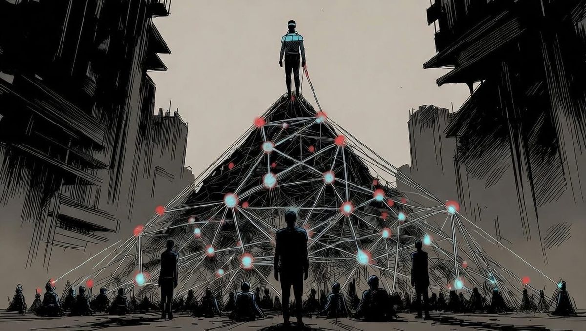 Hierarchical pyramid dissolving into peer networks of connected nodes