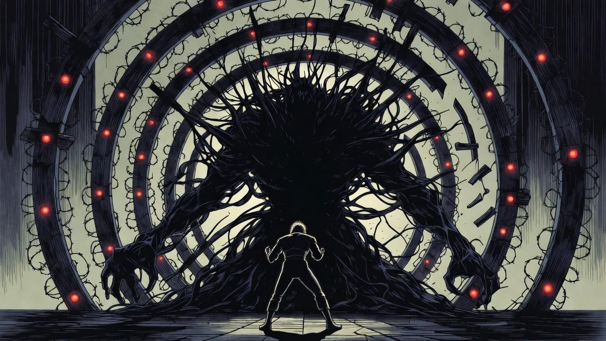 A lone figure faces a massive shadowy creature of dark tendrils bursting through fractured concentric security rings