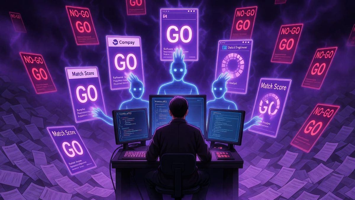 Job analysis workflow showing parallel scoring agents evaluating multiple postings, contrasting focused quality analysis with spray-and-pray approaches