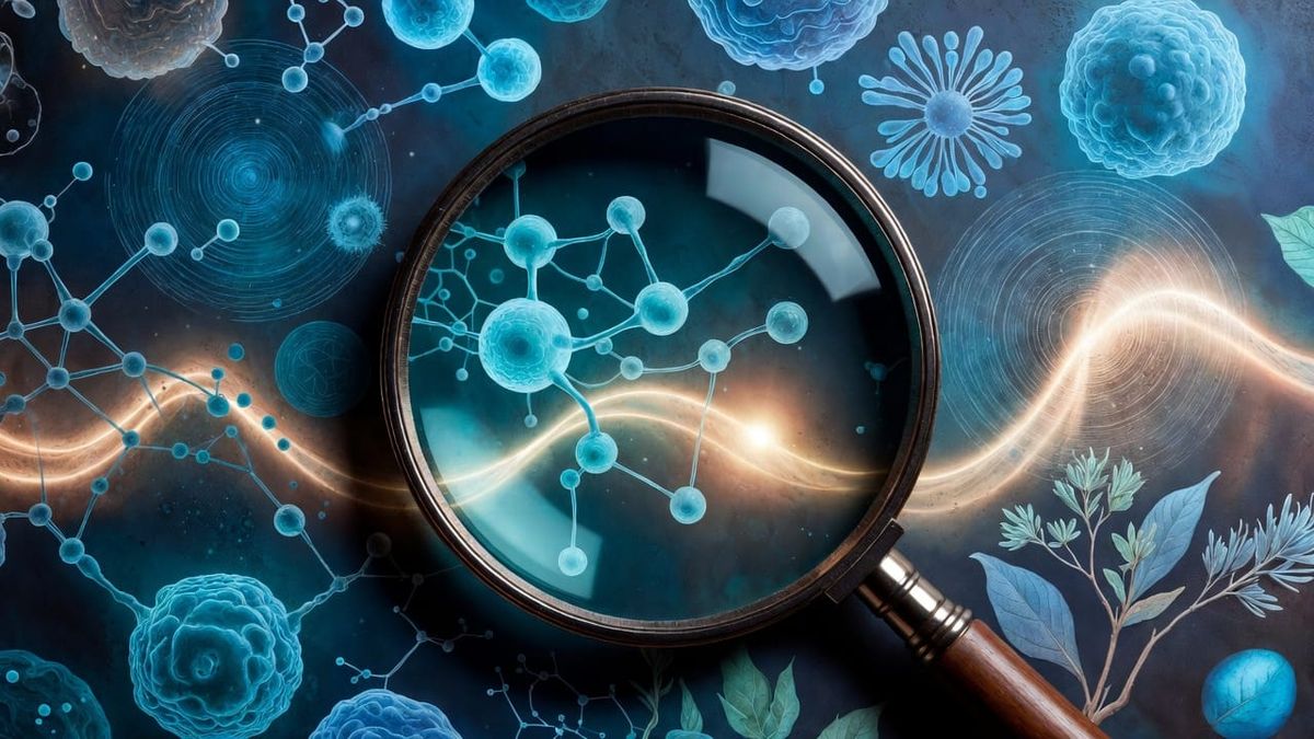 A magnifying glass or open eye floating over scientific imagery - molecular structures, light waves, and cellular elements representing the landscape of alternative cancer treatments