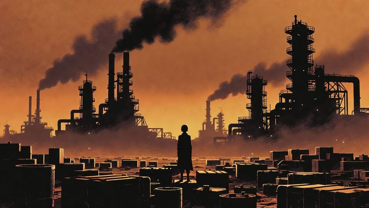 Illustration of oil refinery with fire and smoke