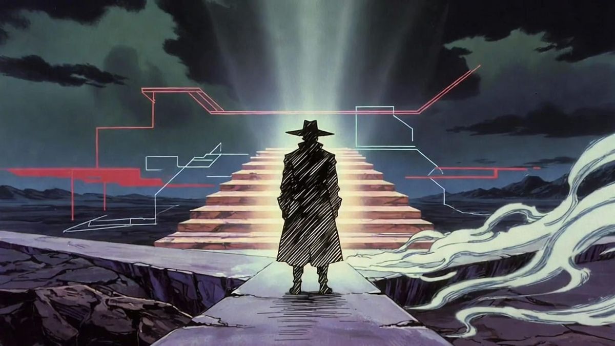 A lone figure standing at a crossroads