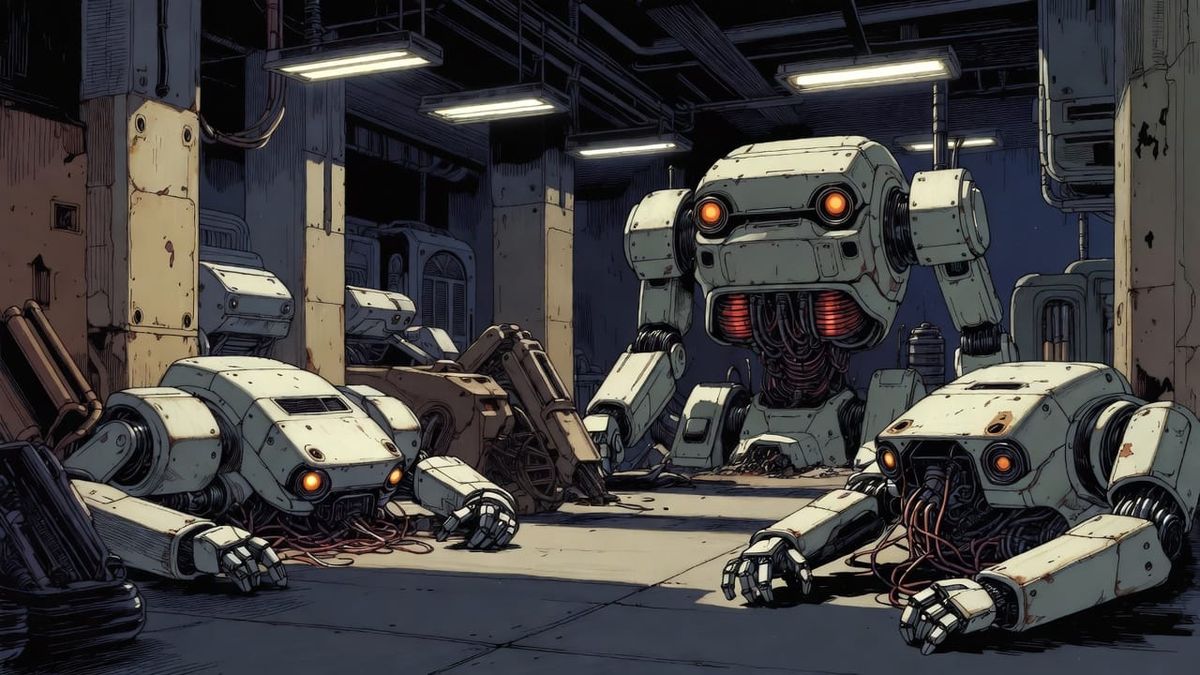 A factory floor with multiple failed robotic units scattered around, and a single robot working reliably in the center