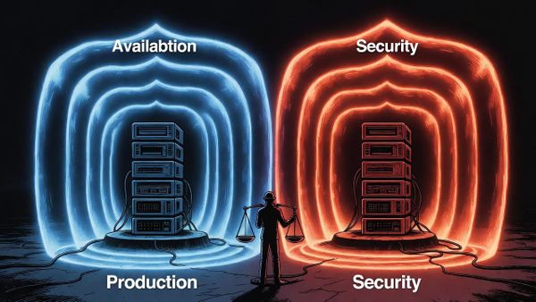 Two fortified server towers with 7-layer defense shields, showing different hardening priorities for production vs security testing