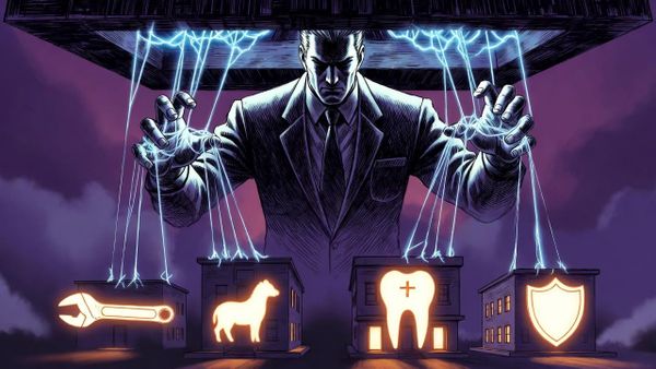 Private equity executive manipulating puppet strings attached to small businesses being consolidated into a corporate platform, cyberpunk aesthetic, 90s anime style