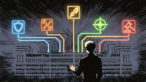 Late-80s anime OVA style illustration of agent routing architecture with specialized agent domains