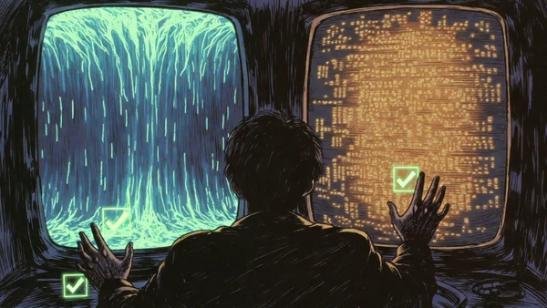 Late-80s anime OVA style illustration of verification-first QA workflow with quality assurance gates