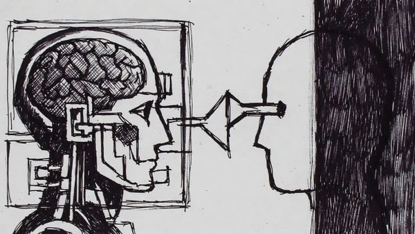 Intelligence Adjacent philosophy: Two collaboration models showing augmented (AI inside human) versus adjacent (human and AI as distinct entities working together)