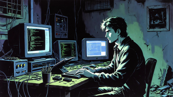 Developer at workbench with two monitors - left showing fragmenting numbers, right showing stable qualitative text
