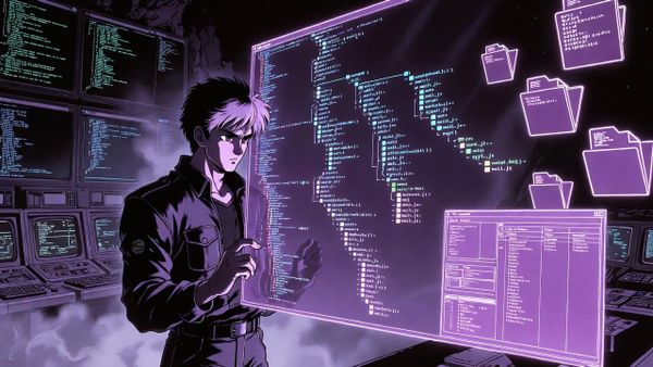 Anime developer with holographic file tree showing organized tool discovery