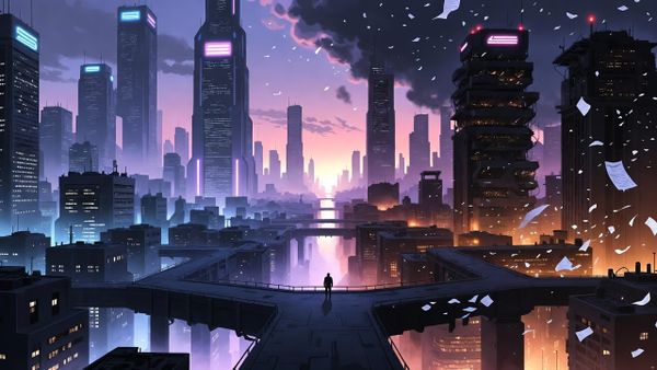 Cyberpunk cityscape with half-abandoned corporate towers and a figure at a crossroads between cold AI megastructures and warm community workspaces