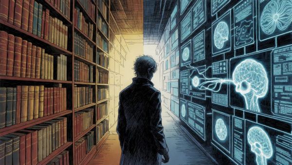 Anime-style figure at crossroads: books and library on left, AI terminals on right. Choice between wisdom and technological optimization.