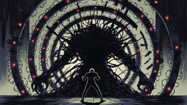 A lone figure faces a massive shadowy creature of dark tendrils bursting through fractured concentric security rings