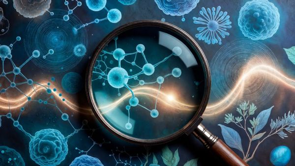 A magnifying glass or open eye floating over scientific imagery - molecular structures, light waves, and cellular elements representing the landscape of alternative cancer treatments