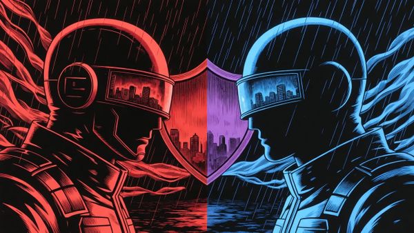 Red and blue security teams merging into purple collaboration - anime cyberpunk illustration