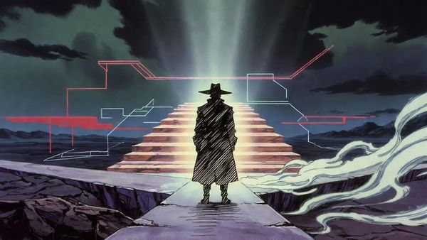 A lone figure standing at a crossroads