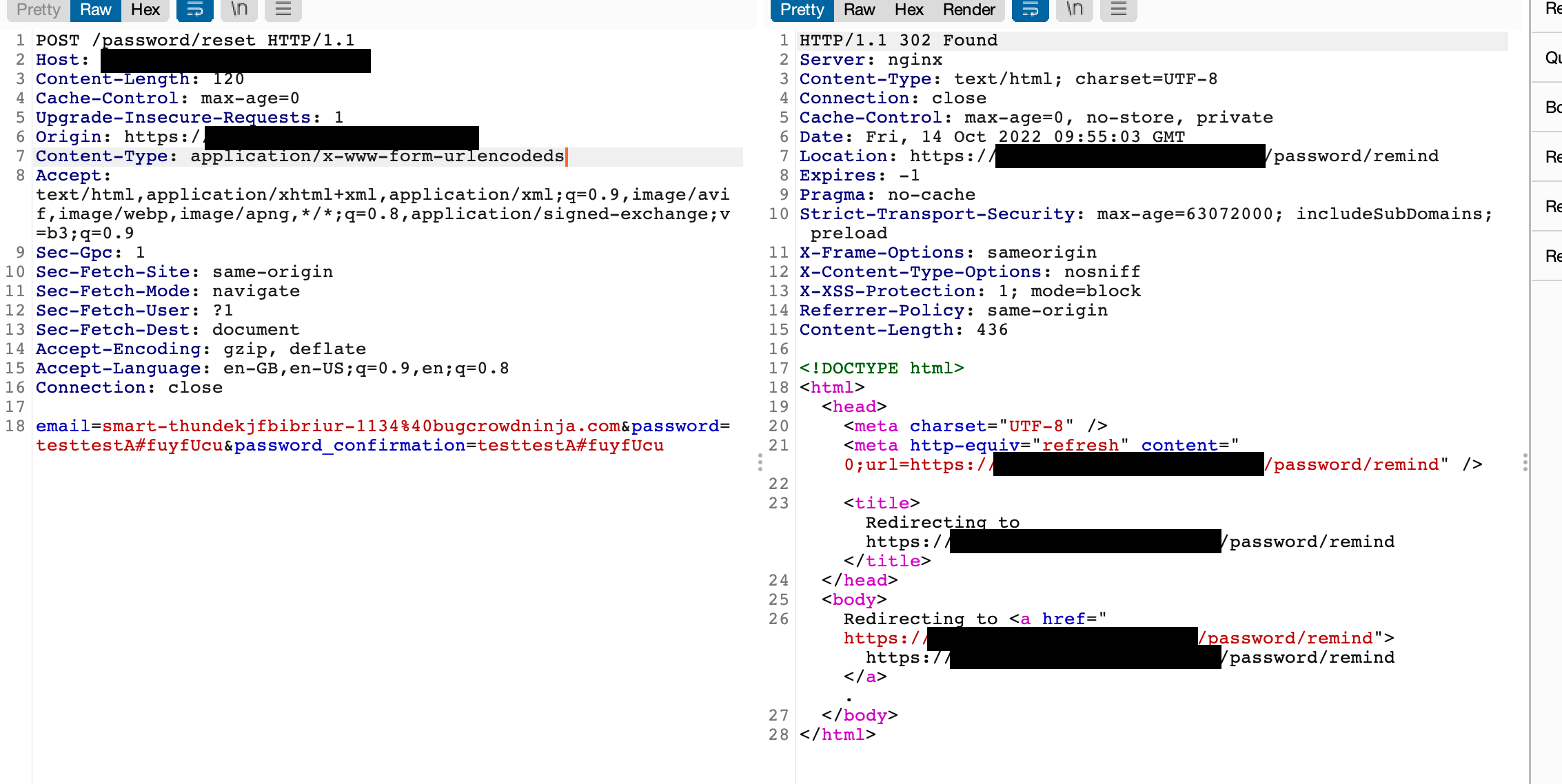 A second demonstration showing the leaked /password/remind URL, confirming any visited URL is exposed through the shared session