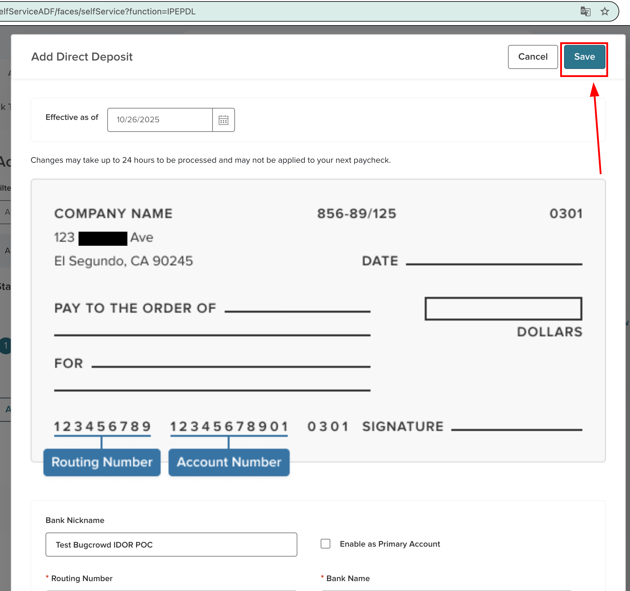 Adding direct deposit information for a test employee