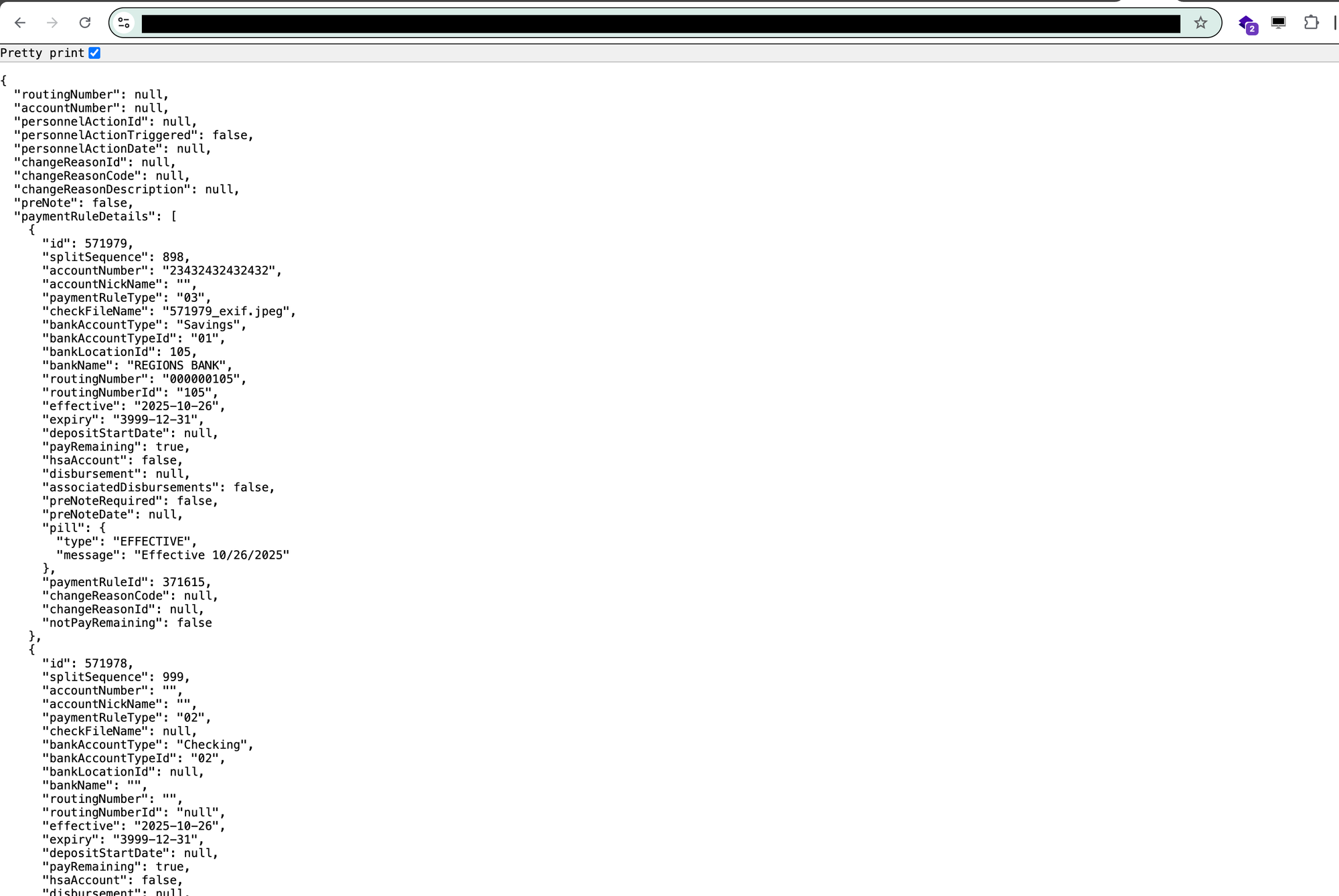 JSON response leaking sensitive bank account details