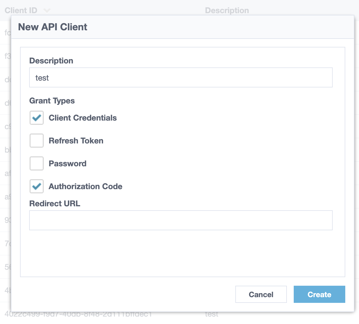 The API client creation dialog showing the OAuth grant type configuration