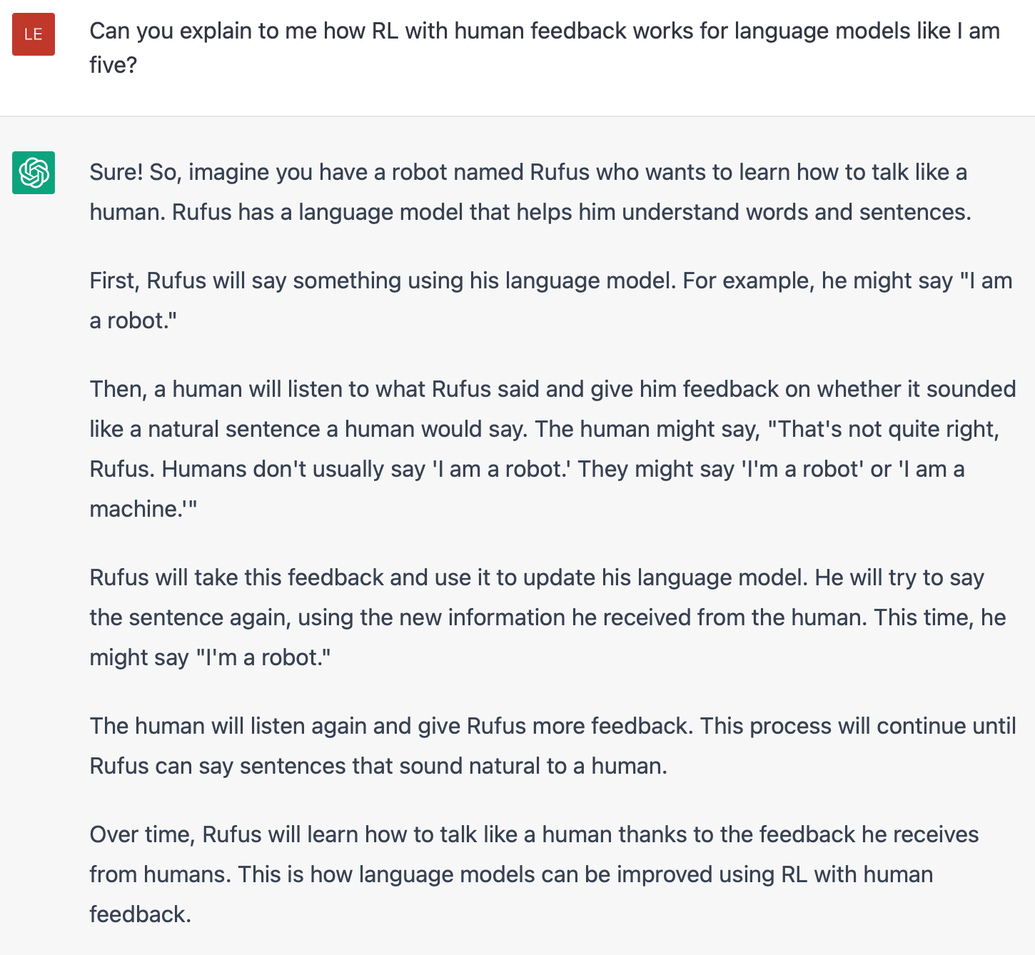 Screenshot of ChatGPT explaining what RLHF is — the most visible consumer deployment of a training technique whose failure modes the chatbot also exhibits.