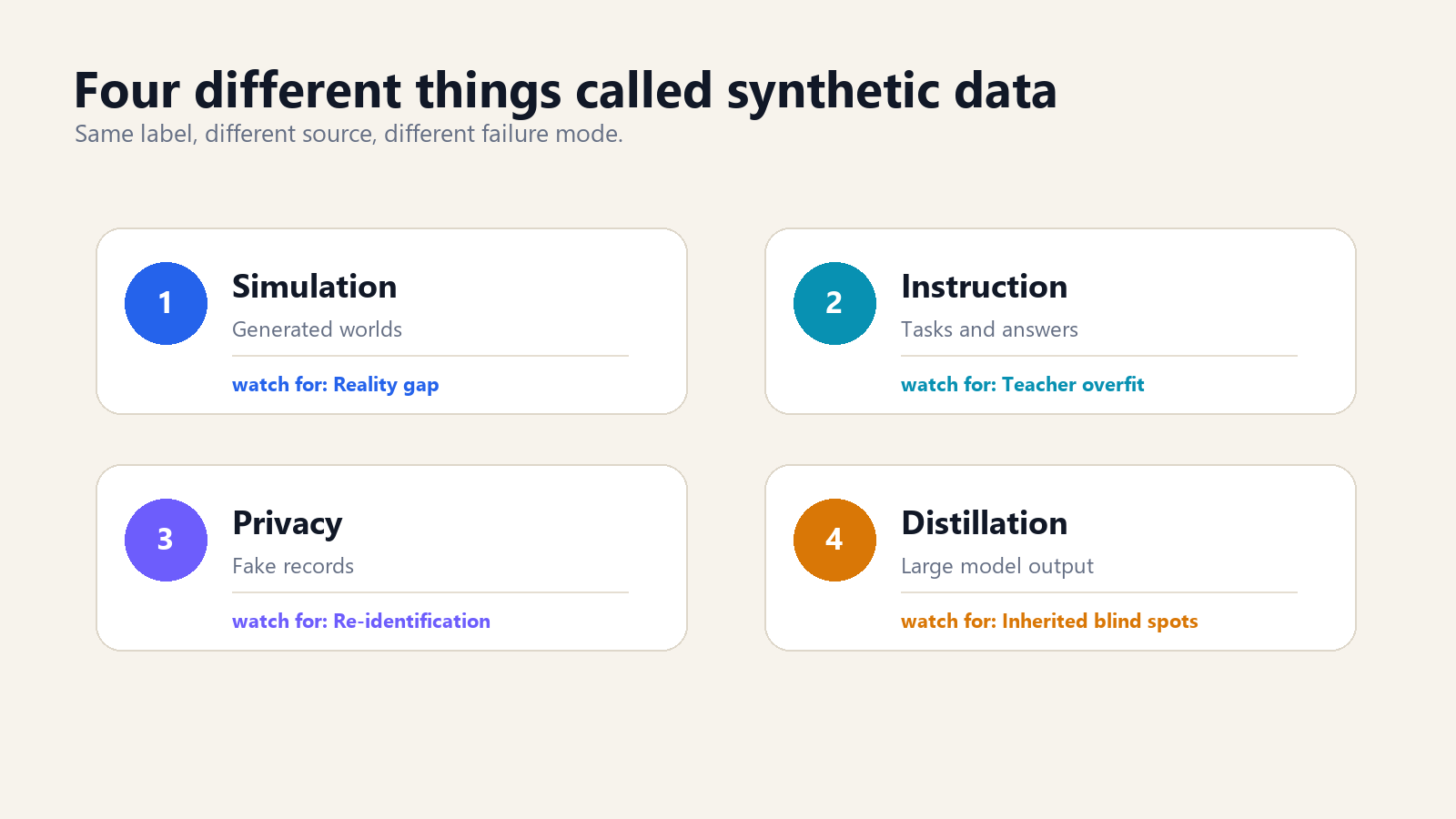An infographic with four cards: simulation, instruction, privacy, and distillation data.