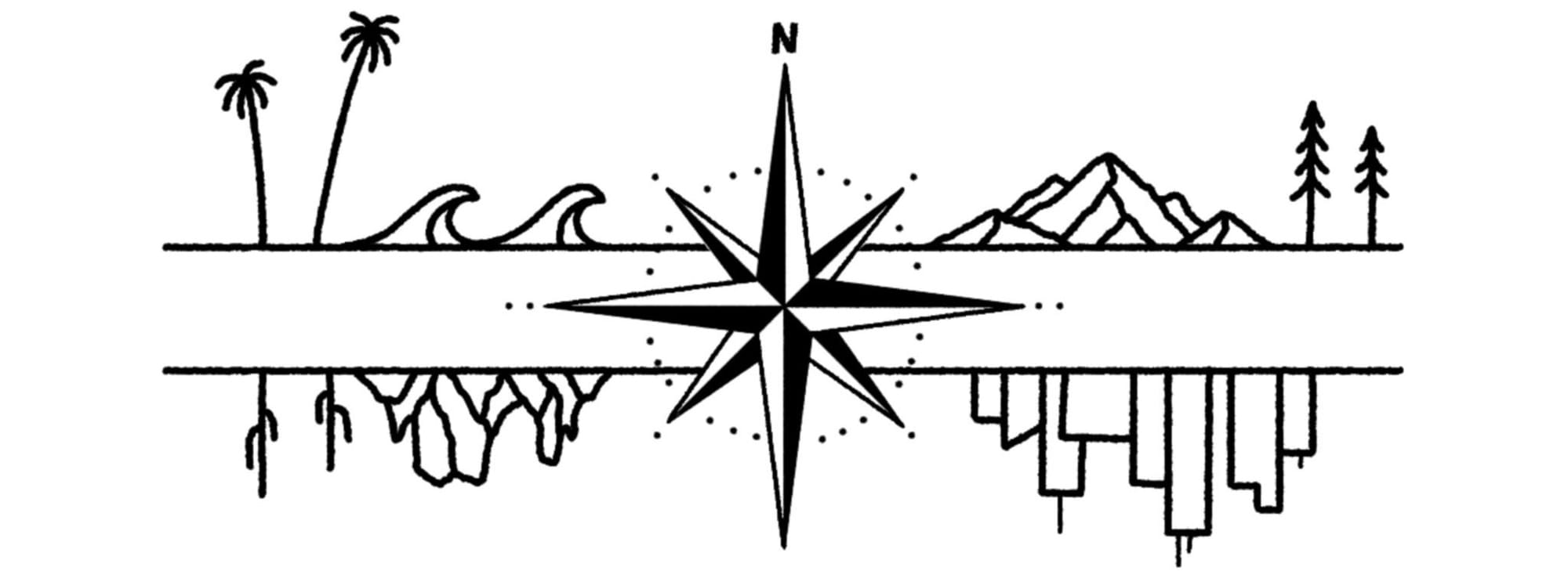 Logo for WhereTheWindBlows.Me - a compass surrounded by line drawings of ocean waves, mountains, desert rocks, and a city skyline