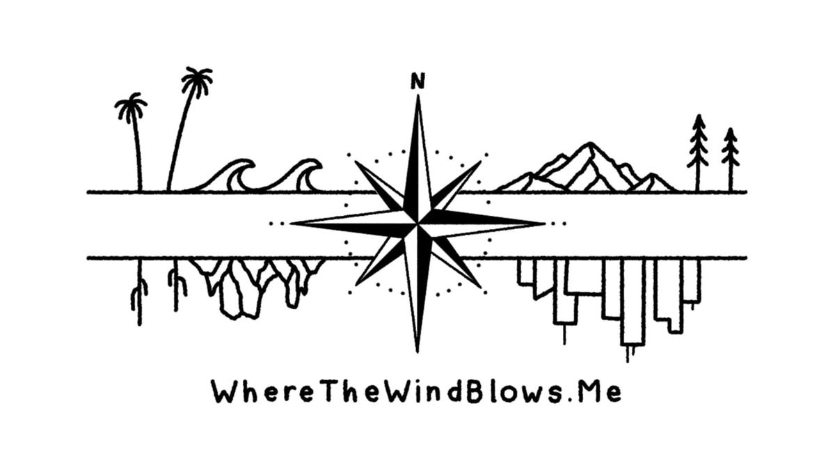 Logo for WhereTheWindBlows.Me: Line drawing of a compass surrounded by beach, city, desert, and mountain regions.