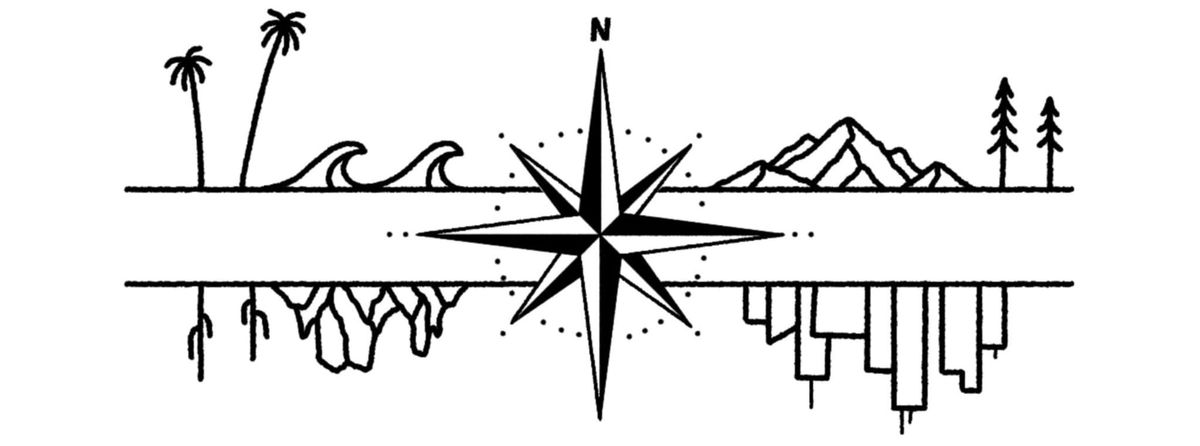 Logo for WhereTheWindBlows.Me - a compass surrounded by line drawings of ocean waves, mountains, desert rocks, and a city skyline