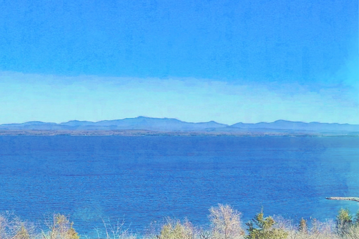 Artistic Artistic rendering of a lake view with blue sky, mountains in the distance, and treetops in the foreground