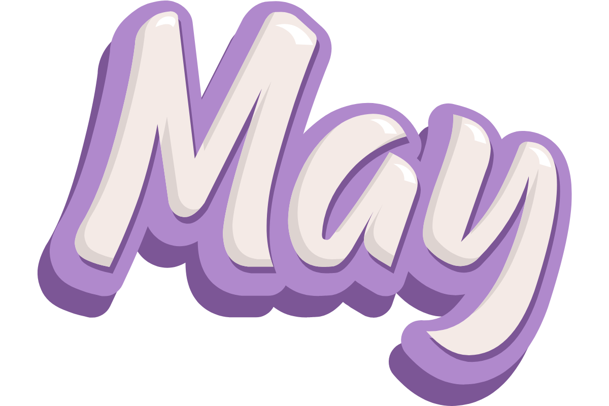 May in 3-D purple letterin