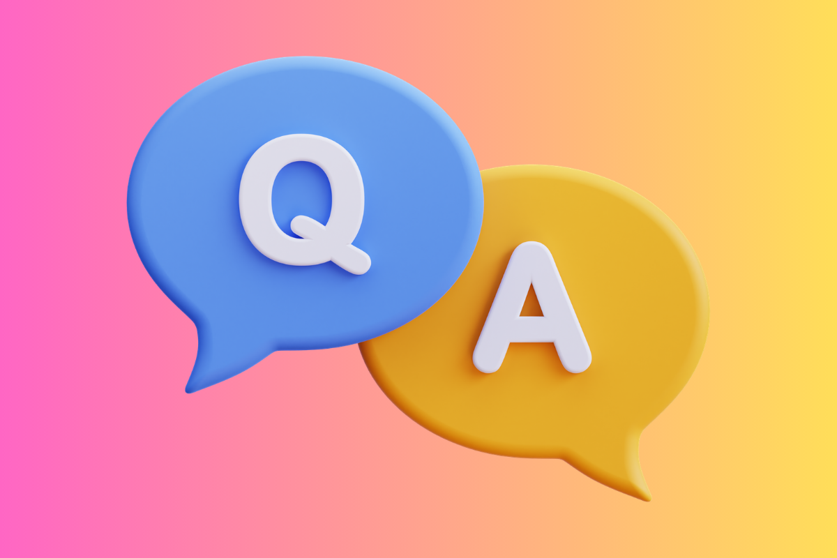 Illustration of two word balloons, blue Q, orange A on a pink to yellow gradient 