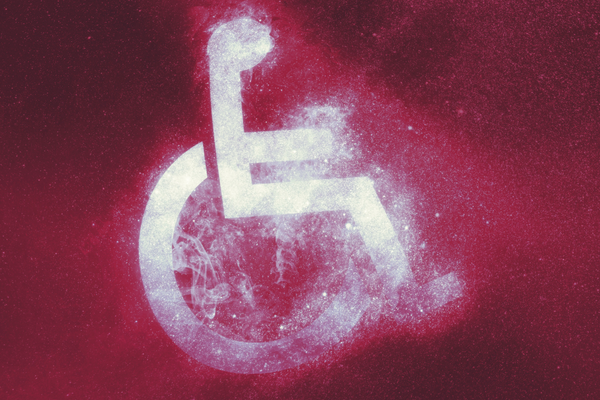 Textured white wheelchair symbol against textured red background