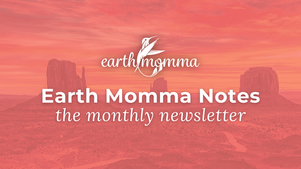 The words "Earth Momma Notes the monthly newsletter" in white text laid over an image of a mountain-scape in the color coral.