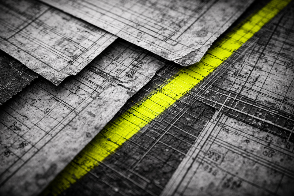 Top-down macro photograph of overlapping weathered documents and technical blueprints in black and white, with a single acid yellow diagonal line highlighting the layered paper texture.