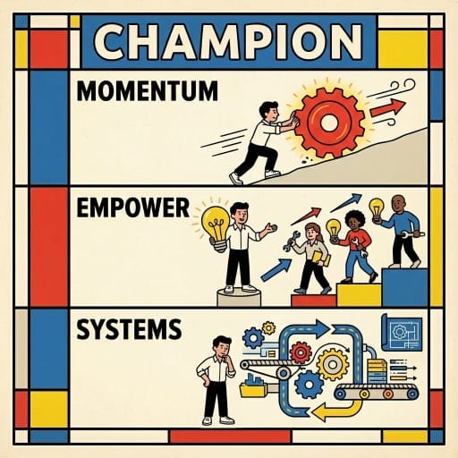 Infographic titled "CHAMPION" divided into three illustrative panels representing key traits. Top Panel: Text reads "MOMENTUM." A person pushes a large red gear up a slope, symbolizing driving progress against resistance. Middle Panel: Text reads "EMPOWER." A leader standing on a pedestal holds a large glowing lightbulb, gesturing toward three team members who are climbing steps while holding their own tools and ideas. Bottom Panel: Text reads "SYSTEMS." A person observes and analyzes a complex automated system involving gears, conveyor belts, and blueprints.