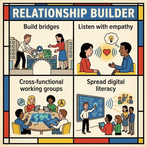 Infographic titled "RELATIONSHIP BUILDER" divided into four illustrative panels. Top Left: Text reads "Build bridges." Two people cooperate to build a mechanical bridge connecting two city buildings. Top Right: Text reads "Listen with empathy." A woman listens to a man, visualized by sound waves passing through a heart symbol, while a lightbulb appears above the man's head. Bottom Left: Text reads "Cross-functional working groups." A group of four people with different tools (wrench, compass, tablets) collaborate around a table featuring a holographic map. Bottom Right: Text reads "Spread digital literacy." A man stands before a large digital screen, presenting to an audience of three people holding tablets.