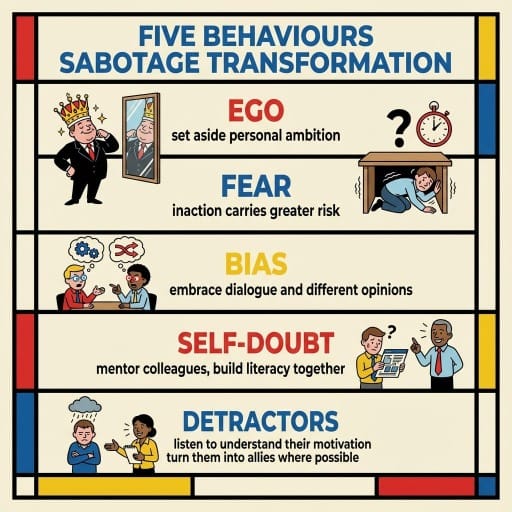 Infographic titled "FIVE BEHAVIOURS SABOTAGE TRANSFORMATION" listing five psychological barriers to change: EGO: Text reads "set aside personal ambition." Illustration of a man wearing a crown admiring his own reflection in a mirror. FEAR: Text reads "inaction carries greater risk." Illustration of a frightened person hiding underneath a table. BIAS: Text reads "embrace dialogue and different opinions." Illustration of two people arguing, with thought bubbles showing opposing logic symbols (blue gears vs. red arrows). SELF-DOUBT: Text reads "mentor colleagues, build literacy together." Illustration of an anxious employee looking at a tablet while a supportive mentor points the way. DETRACTORS: Text reads "listen to understand their motivation turn them into allies where possible." Illustration of a grumpy person with a rain cloud over their head crossing their arms while a colleague takes notes.