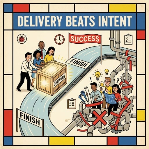 Infographic titled "PLANNING FOR PRESSURE" depicting a leader presenting a strategy on a large whiteboard to a team of colleagues. The whiteboard contains five key panels:  "SHARPEN PRIORITIES" with a magnifying glass over a checklist.  "ALIGN AUTHORITY" showing an organizational chart connected to leadership roles.  "REAL CAPACITY" displaying a gauge meter under load with a weight labeled "REAL".  "BLOCKERS EXPOSED" featuring a red siren light.  "DELIVERABLE PLAN" showing a map with a route bypassing a barrier labeled "RISK MITIGATION".