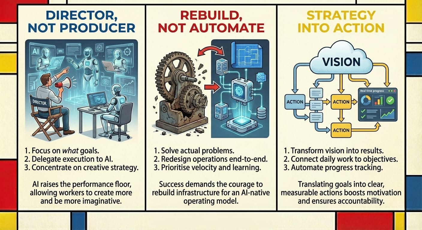 Newsletter infographic with Mondrian-style red, blue, and yellow border featuring three panels: 1) 'Director, Not Producer' showing a person in a director's chair orchestrating AI robots at computers, with points about focusing on goals, delegating to AI, and concentrating on creative strategy; 2) 'Rebuild, Not Automate' depicting rusty mechanical gears transforming into modern cloud-connected digital infrastructure, emphasising solving actual problems and redesigning operations end-to-end; 3) 'Strategy Into Action' illustrating a flowchart from a cloud labelled 'Vision' connecting to multiple action boxes and a real-time progress dashboard, highlighting how to transform vision into results and connect daily work to objectives.