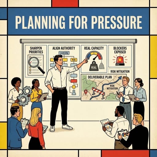 Infographic titled "STRATEGIC CLARITY" divided into two illustrative sections.  Top Panel: A diverse team of professionals stands on a platform. One holds a large telescope pointing toward a mountain peak topped with a shining flag labeled "GOALS." A winding road connects the team to the mountain, surrounded by icons representing navigation (compass), planning (blueprint), partnership (handshake), and operations (gear).  Bottom Panel: A process flow reads "AMBITION + CONSTRAINTS" leading to "FOCUSED DIRECTION," then "ALIGNED DECISIONS," and finally "CONFIDENT EXECUTION." To the right, two people build a house using blocks labeled "GOVERNANCE" and "STRUCTURE".