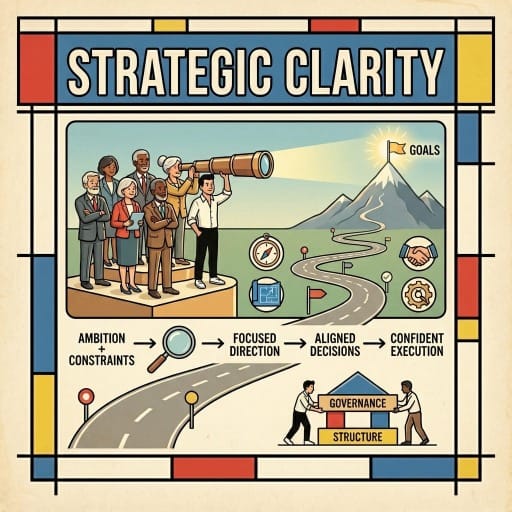 Infographic titled "STRATEGIC CLARITY" divided into two illustrative sections.  Top Panel: A diverse team of professionals stands on a platform. One holds a large telescope pointing toward a mountain peak topped with a shining flag labeled "GOALS." A winding road connects the team to the mountain, surrounded by icons representing navigation (compass), planning (blueprint), partnership (handshake), and operations (gear).  Bottom Panel: A process flow reads "AMBITION + CONSTRAINTS" leading to "FOCUSED DIRECTION," then "ALIGNED DECISIONS," and finally "CONFIDENT EXECUTION." To the right, two people build a house using blocks labeled "GOVERNANCE" and "STRUCTURE".