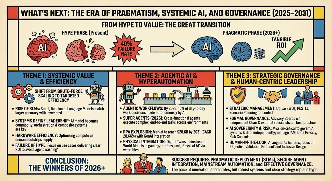 Infographic titled "WHAT'S NEXT: THE ERA OF PRAGMATISM, SYSTEMIC AI, AND GOVERNANCE (2025–2031)". The top section, "FROM HYPE TO VALUE: THE GREAT TRANSITION," visually represents a shift from a turbulent "HYPE PHASE (Present)" on the left—depicting a red, bubbling brain and a broken brain cloud with a "40% FAILURE RATE" explosion—to a structured "PRAGMATIC PHASE (2026+)" on the right. This latter phase shows an organized blue brain, data servers, and a green upward arrow labeled "TANGIBLE ROI," connected by a large arrow indicating the transition. Below this are three vertical columns with distinct color headers. The left column, "THEME 1: SYSTEMIC VALUE & EFFICIENCY" (blue header), features icons of gears and a robot. Bullet points detail: "SHIFT FROM BRUTE-FORCE SCALING TO TARGETED EFFICIENCY"; "RISE OF SLMs: Small, fine-tuned Language Models match larger accuracy with lower cost"; "SYSTEMS DEFINE LEADERSHIP: AI model becomes commodity; orchestration & composite systems are key"; "HARDWARE EFFICIENCY: Optimising compute as demand outstrips supply"; and "FAILURE OF HYPE: Focus on use cases delivering clear ROI to avoid 'agent washing'". The middle column, "THEME 2: AGENTIC AI & HYPERAUTOMATION" (red header), shows a robot operating a conveyor belt with boxes. Bullet points cover: "AGENTIC WORKFLOWS: By 2028, 15% of day-to-day work decisions made autonomously by AI"; "SUPER AGENTS (2026): Cross-functional agents execute complex, end-to-end tasks across environments"; "RPA EXPLOSION: Market to reach $28.6B by 2031 (CAGR 28.66%) with GenAI integration"; and "PHYSICAL INTEGRATION: Digital Twins mainstream, World Models in gaming/robotics, 'Physical AI' via wearables". The right column, "THEME 3: STRATEGIC GOVERNANCE & HUMAN-CENTRIC LEADERSHIP" (yellow header), features a shield icon, a handshake, and a diverse team. Bullet points state: "STRATEGIC MANAGEMENT: Utilise SWOT, PESTEL, Scenario Planning for control"; "FORMAL GOVERNANCE: Advisory Boards with independent Chair & external specialists are best practice"; "AI SOVEREIGNTY & RISK: Mission-critical to govern AI systems & data independently; manage IAM, Data Privacy, Risk Controls"; and "HUMAN-IN-THE-LOOP: AI augments humans; focus on 'Objective-Validation Protocol' and Inclusive Design". At the bottom is the "CONCLUSION: THE WINNERS OF 2026+" section, with an illustration of three professionals (two men, one woman) shaking hands. The concluding text reads: "SUCCESS REQUIRES PRAGMATIC DEPLOYMENT (SLMs), SECURE AGENT INTEGRATION, MAINSTREAM AUTOMATION, and EFFECTIVE GOVERNANCE. The pace of innovation accelerates, but robust systems and clear strategy replace hype." The entire infographic has a retro comic-book art style with a color palette dominated by red, blue, yellow, and cream.