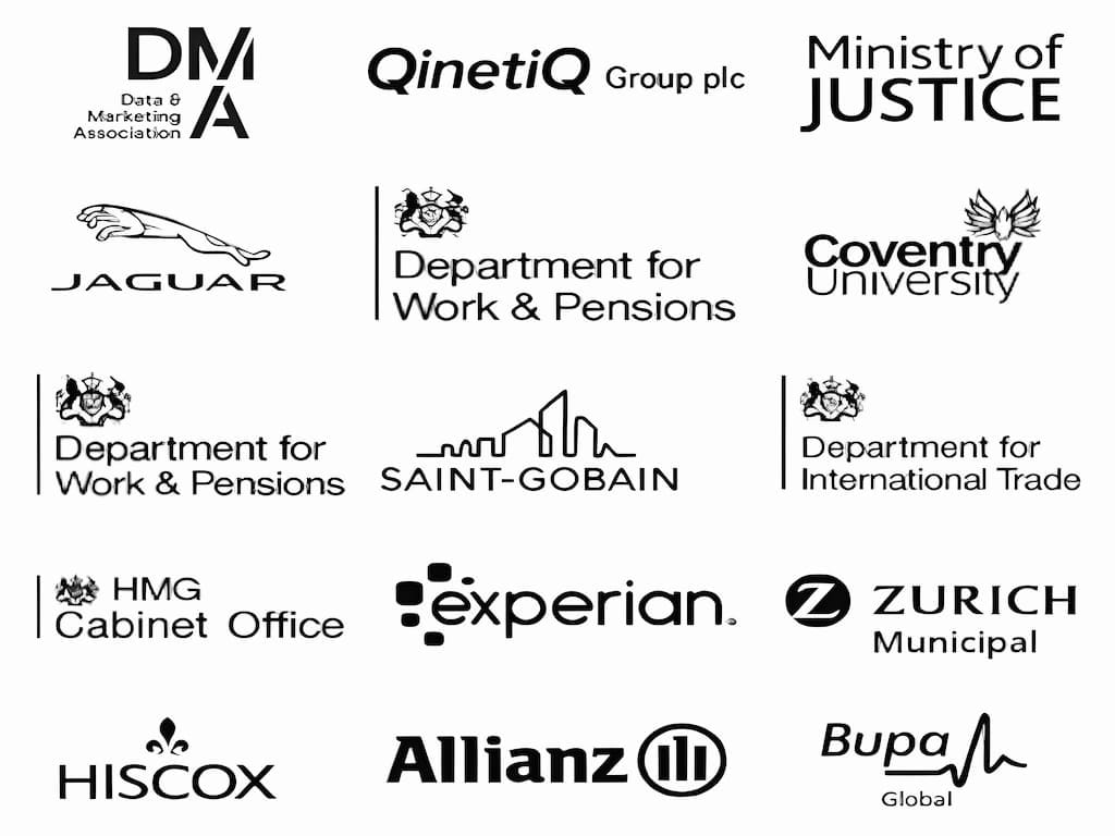 Client logos: DMA, QinetiQ, Ministry of Justice, Jaguar, Department for Work & Pensions, Coventry University, Saint-Gobain, Department for International Trade, HMG Cabinet Office, Experian, Zurich Municipal, Hiscox, Allianz, Bupa Global