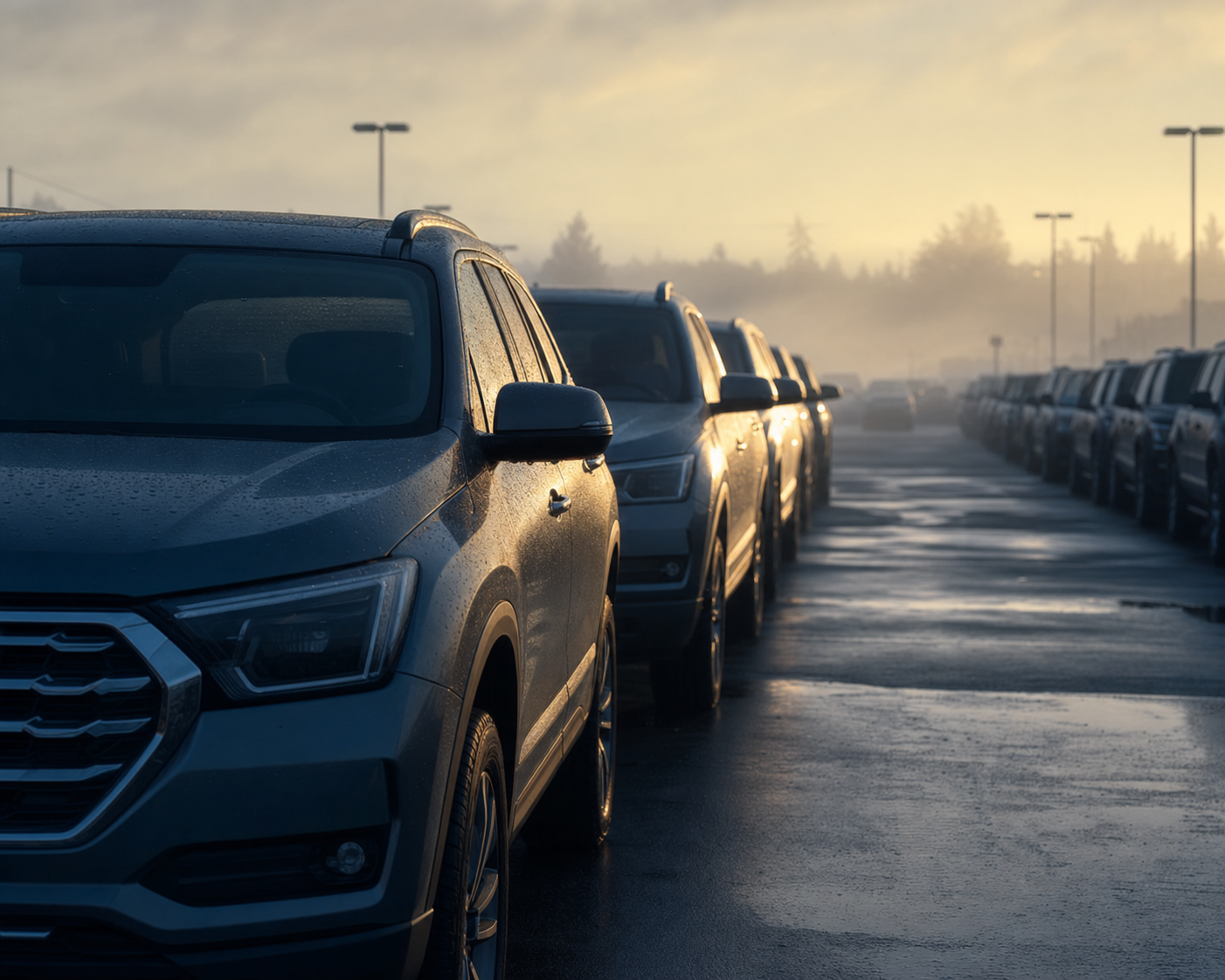 Dealer lot at Monday dawn, front row in warm light