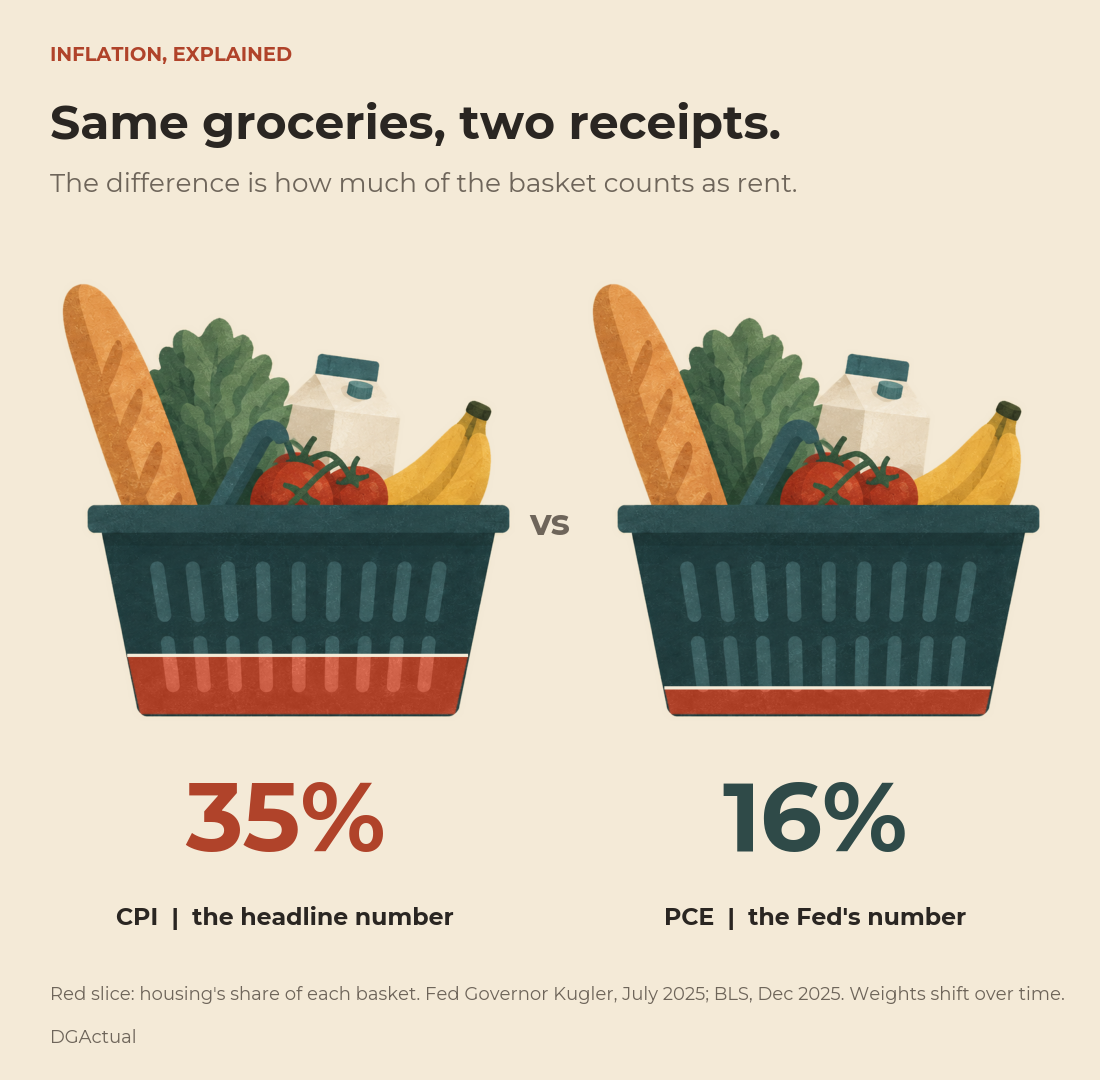 Two grocery baskets side by side. Shelter fills 35 percent of the CPI basket and 16 percent of the PCE basket, a 19 point gap in how much housing counts