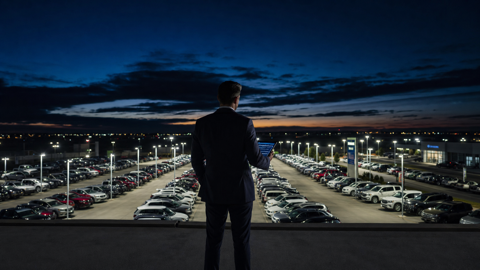 Dealer standing over lot at pre-dawn with data intelligence. The data before the desk.