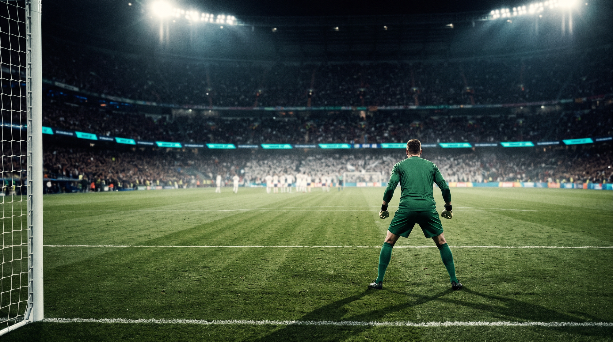 A lone goalkeeper stands in front of his goal at night facing a distant wave of opposing players