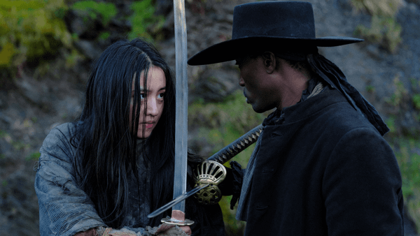 Takehiro Hira engages in a sword fight in a still from the film Tornado