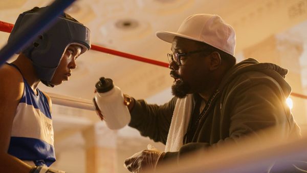 Brian Tyree Henry coaches boxer Ryan Destiny in a still from the film The Fire Inside